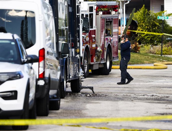 February 2, 2024, Clearwater, Florida, USA: The scene where a small plane crashed into the Bayside Waters mobile home park, 19709 U.S. Highway 19 North on Thursday evening, setting multiple homes on fire and resulting in several fatalities, Friday, Feb.