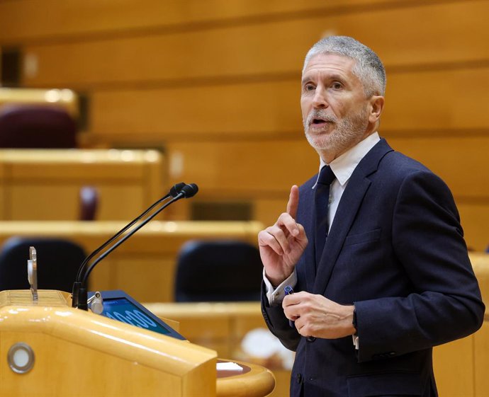 El ministro del Interior, Fernando Grande-Marlaska, interviene durante una sesión plenaria en el Senado, a 7 de febrero de 2024, en Madrid (España). La senda de déficit y deuda pública se debate hoy en el pleno del Senado, después de que el Congreso la co