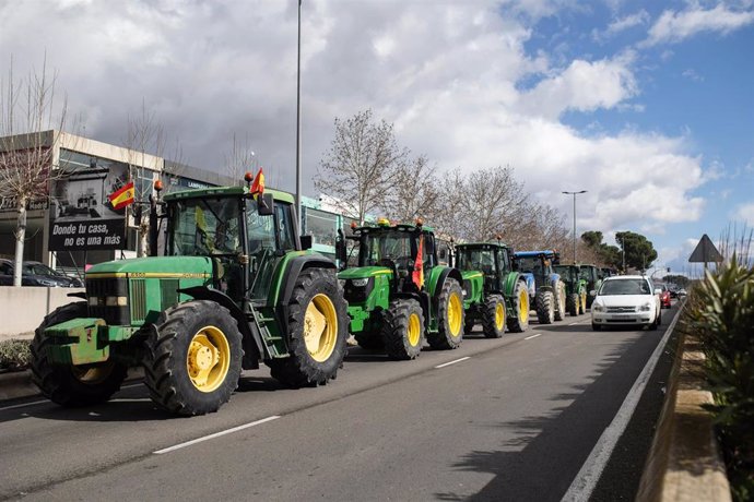 Varios tractores parados en la carretera durante la quinta jornada de protestas de los ganaderos y agricultores para pedir mejoras en el sector, a 10 de febrero de 2024, en Arganda del Rey, Madrid (España). 