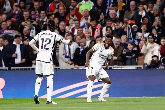 Vinicius Junior of Real Madrid celebrates a goal during the Spanish League, LaLiga EA Sports, football match played between Real Madrid and Girona CF at Santiago Bernabeu stadium on February 10, 2024 in Madrid, Spain.