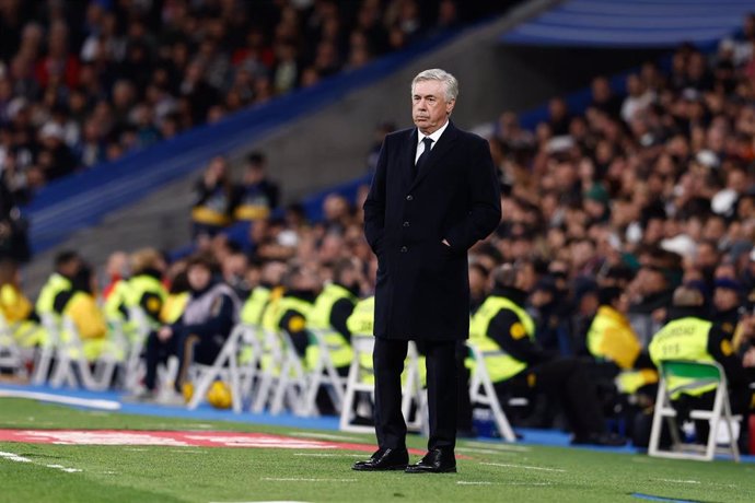 Carlo Ancelotti, head coach of Real Madrid, looks on during the Spanish League, LaLiga EA Sports, football match played between Real Madrid and Girona CF at Santiago Bernabeu stadium on February 10, 2024 in Madrid, Spain.