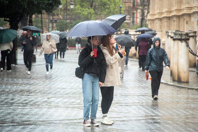 Varias personas se protegen de la lluvia bajo sus paraguas. A 9 de febrero de 2024, en Sevilla (Andalucía, España). La borrasca 'Karlotta' activa avisos por lluvia, viento y oleaje en todas las provincias andaluzas.