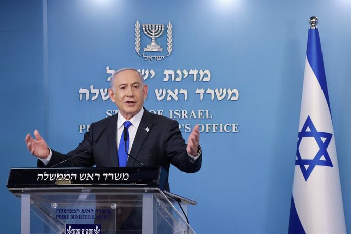 JERUSALEM, Feb. 7, 2024  -- Israeli Prime Minister Benjamin Netanyahu speaks at a press conference at the Prime Minister's office in Jerusalem, on Feb. 7, 2024. Netanyahu rejected Hamas's proposal for a ceasefire in the Gaza Strip on Wednesday.