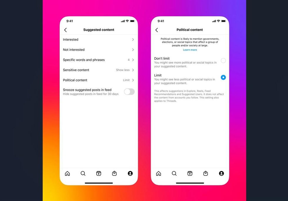 La nueva función para limitar la recomendación de contenido político en Instagram y Threads.