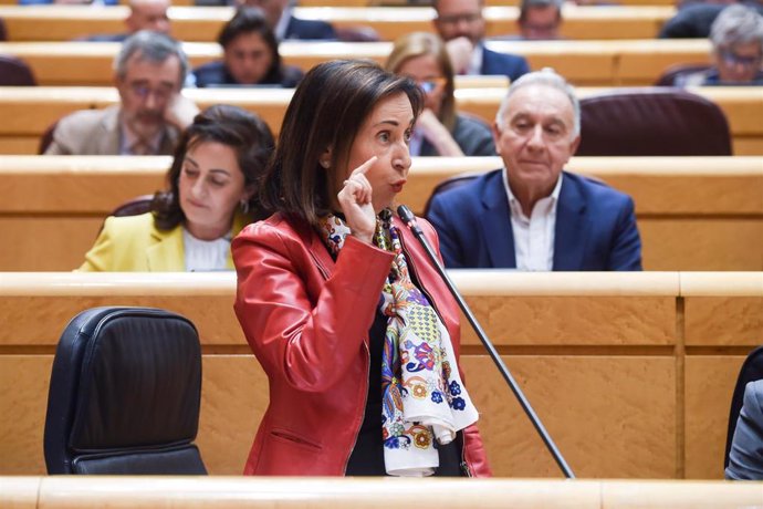 La ministra de Defensa, Margarita Robles, durante una sesión de control al Gobierno en la Cámara Alta, a 6 de febrero de 2024, en Madrid (España).