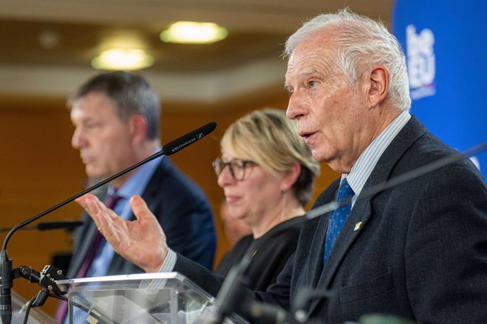 UNRWA Commissioner-General Philippe Lazzarini, Minister for Development Cooperation and Metropolitan Policy Caroline Gennez and EU High Representative of the Union for Foreign Affairs and Security Policy Josep Borrell Fontelles are seen during a press con
