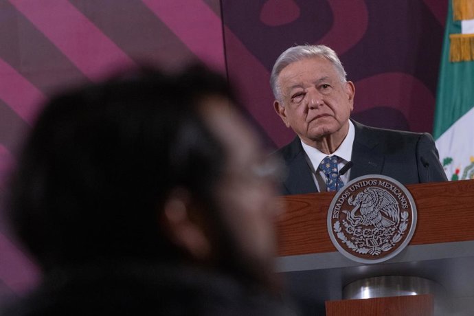 09 February 2024, Mexico, Mexico City: Mexican President Andres Manuel Lopez Obrador speaks during a press conference in the treasury room of the National Palace. 