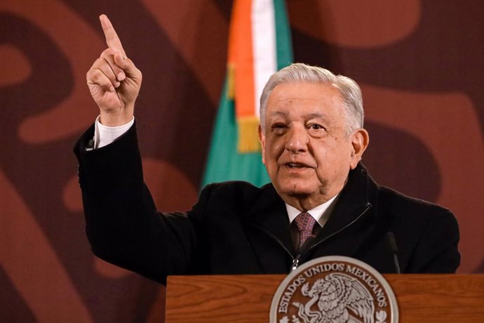 February 8, 2024, Mexico City, Munich, Mexico: February 8, 2024, Mexico City, Mexico: The president of Mexico, Andres Manuel Lopez Obrador gesticulates while speak during the briefing conference at the National Palace.