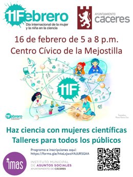 Cartel de celebración en Cáceres del Día de la Mujer y la Niña en la Ciencia