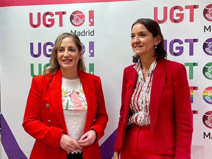 Archivo - La secretaria general de UGT Madrid, Marina Prieto, y la portavoz socialista en el Ayuntamiento, Reyes Maroto