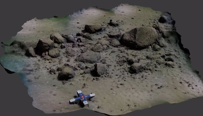 Modelo 3D de un pequeño tramo del muro de piedra. La escala en la parte inferior de la imagen mide 50 cm.