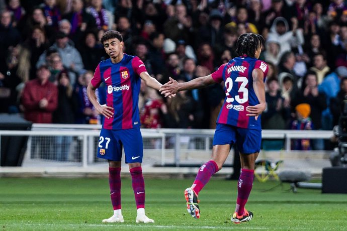 Lamine Yamal of FC Barcelona celebrates a goal during the Spanish league, La Liga EA Sports, football match played between FC Barcelona and Granada CF at Estadio Olimpico de Montjuic on February 12, 2024 in Barcelona, Spain.