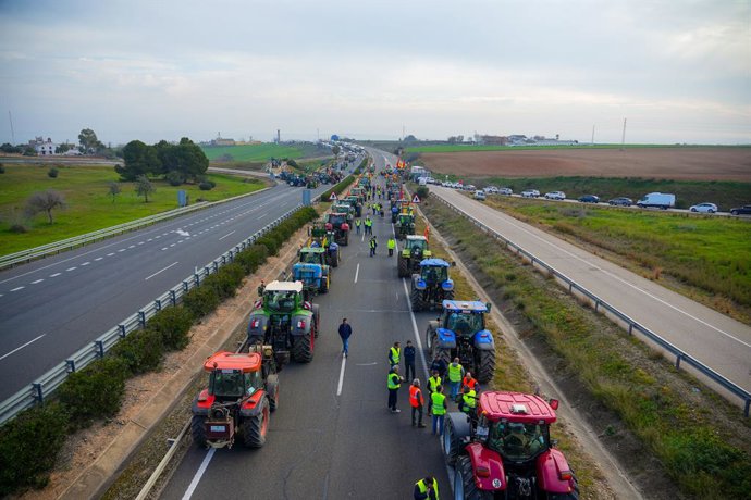 Tractores cortan la autovía A4 durante la mañana de hoy, a 6 de febrero de 2024, en Sevilla, (Andalucía, España).Cientos de agricultores con tractores, convocados por las redes sociales y sin previa autorización oficial de las administraciones competent