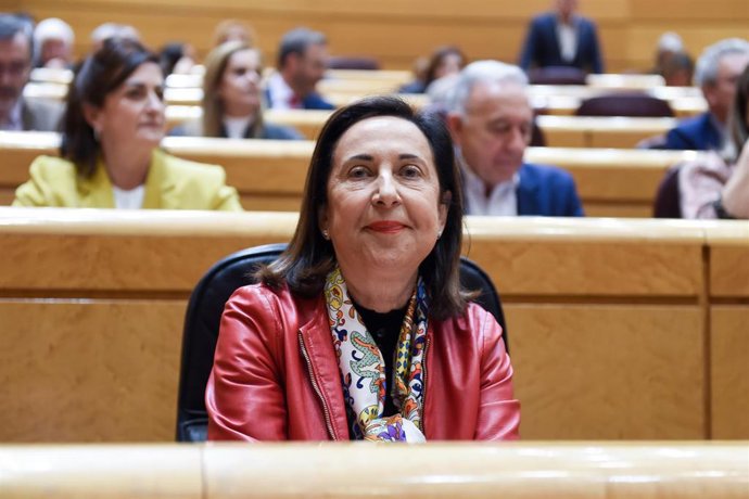 La ministra de Defensa, Margarita Robles, durante una sesión de control al Gobierno en la Cámara Alta, a 6 de febrero de 2024, en Madrid (España). 