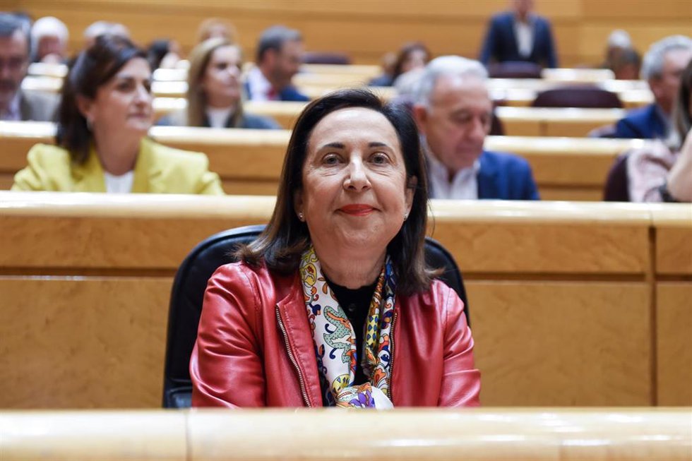 La ministra de Defensa, Margarita Robles, durante una sesión de control al Gobierno en la Cámara Alta, a 6 de febrero de 2024, en Madrid (España).