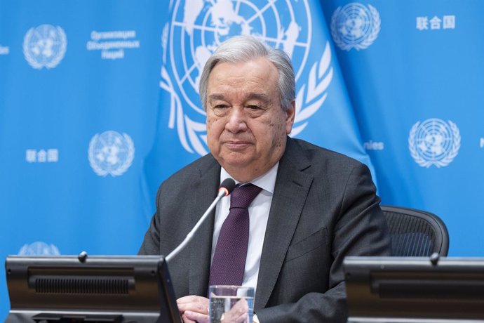 February 8, 2024, New York, New York, United States: Secretary-General Antonio Guterres speaks during a press briefing on his priorities for 2024 at UN Headquarters in New York. Antonio Guterres spoke of hope to bring the war started by Russia against Ukr