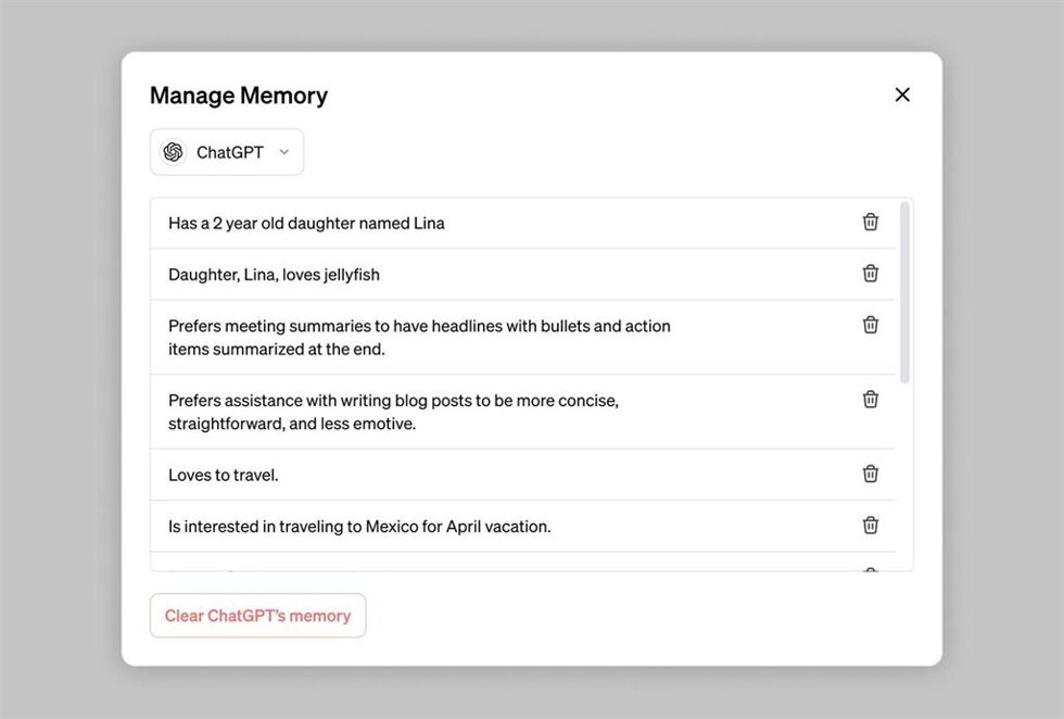 La nueva función de configuración de memoria para ChatGPT.