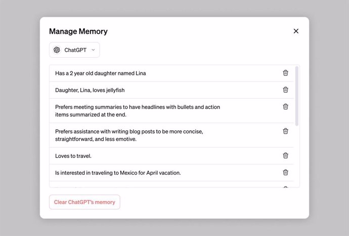 La nueva función de configuración de memoria para ChatGPT.