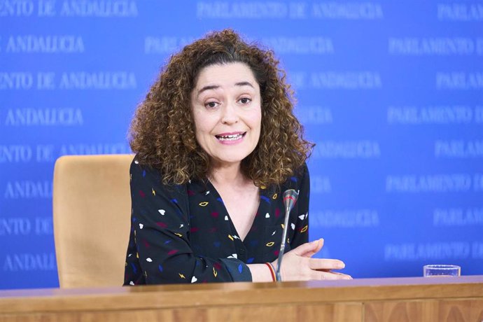 La portavoz del Grupo Por Andalucía, Inmaculada Nieto, durante la ronda de ruedas de prensa de portavoces de los grupos parlamentarios en el Parlamento de Andalucía, a 14 de febrero de 2024 en Sevilla (Andalucía, España). Los portavoces de los grupos pa