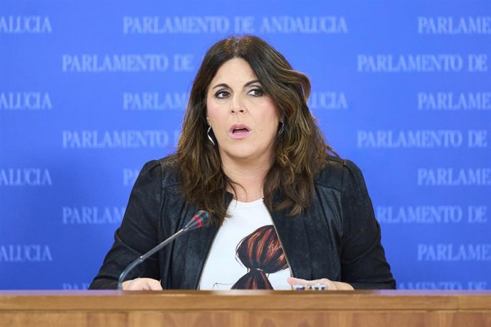 La portavoz del Grupo Parlamentario Socialista, Ángeles Férriz, durante la ronda de ruedas de prensa de portavoces de los grupos parlamentarios en el Parlamento de Andalucía, a 14 de febrero de 2024 en Sevilla (Andalucía, España). Los portavoces de los 