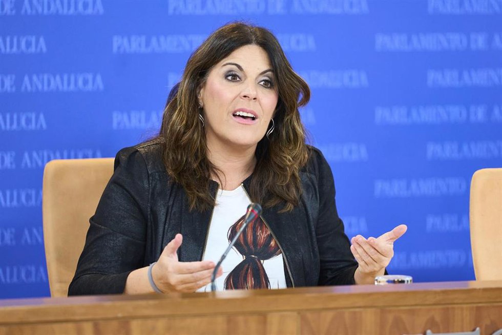 La portavoz del Grupo Parlamentario Socialista, Ángeles Férriz, durante la ronda de ruedas de prensa de portavoces de los grupos parlamentarios en el Parlamento de Andalucía, a 14 de febrero de 2024 en Sevilla (Andalucía, España). Los portavoces de los 