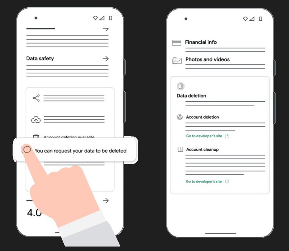 Apartado para eliminar la cuenta de una app en Play Store