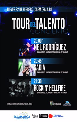 Cartel del concierto con Nel Rodríguez, Sadia y Rockin’ Hellfire, ganadores de las tres últimas ediciones del Concurso Municipal de Bandas de Salamanca