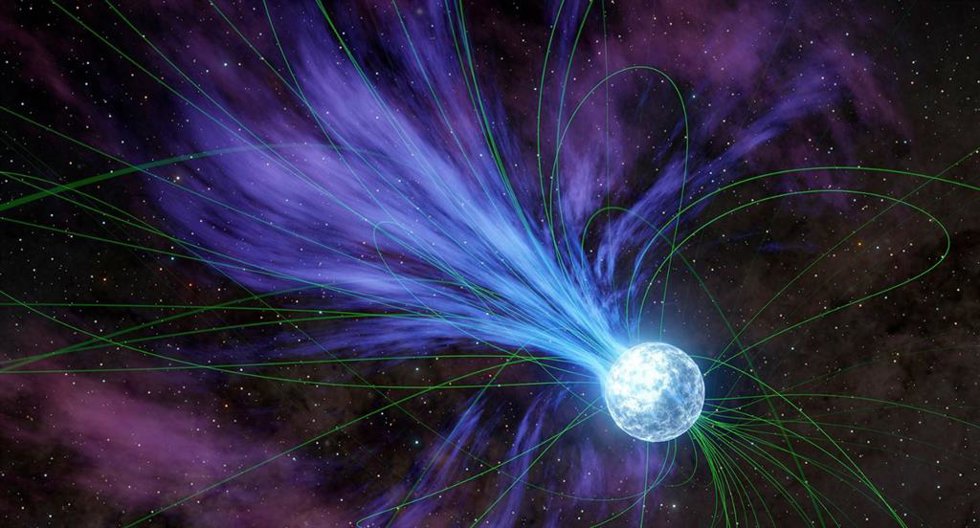 En una eyección que habría provocado que su rotación se desacelerara, en el concepto de este artista se representa un magnetar perdiendo material en el espacio.
