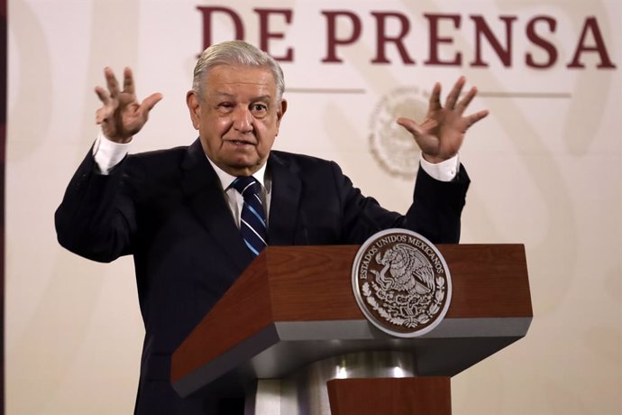 February 13, 2024, Mexico City, Mexico: President Andres Manuel Lopez Obrador is speaking during his press conference at the National Palace in Mexico City, Mexico, on February 13, 2024.