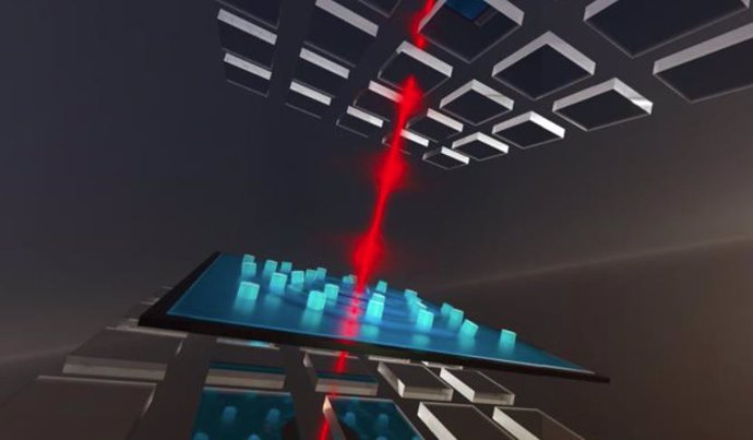 Ilustración del dispositivo operativo, que consiste en un tambor cargado con nanopilares intercalado por dos espejos segmentados periódicamente, lo que permite que la luz láser interactúe con el tambor mecánicamente cuánticamente a temperatura ambiente.