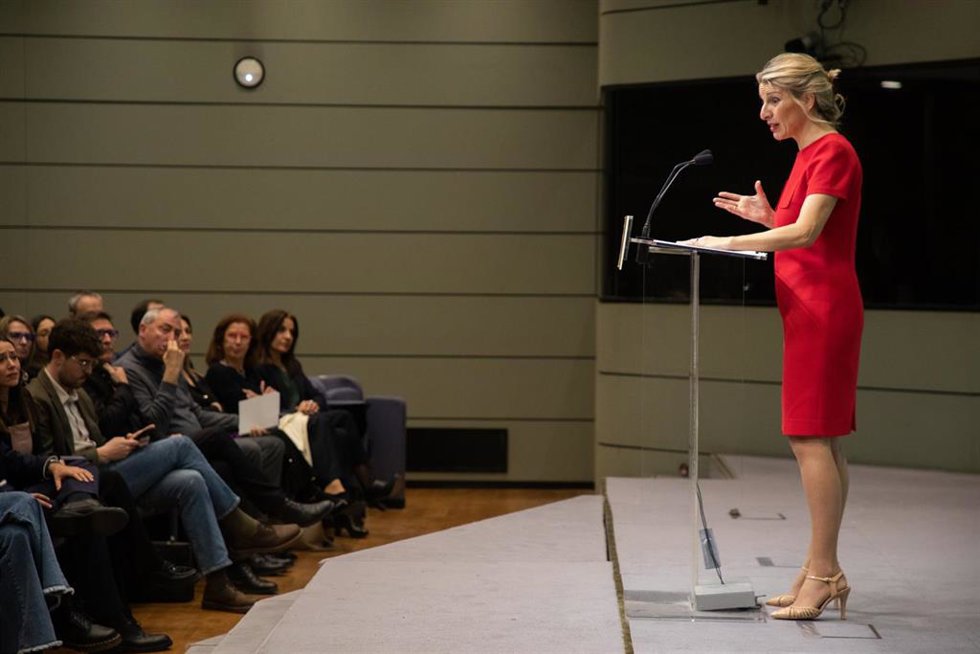 La vicepresidenta segunda y ministra de Trabajo y Economía Social, Yolanda Díaz, clausura la presentación de la nueva edición del Plan Integral de Impulso de la Economía Social 2024-2025, en la sede del Ministerio (Madrid), a 24 de enero de 2024.