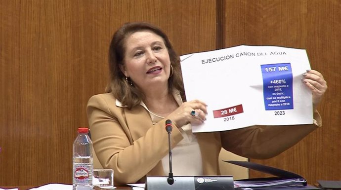 La consejera de Agricultura, Pesca, Agua y Desarrollo Rural, Carmen Crespo, durante la Comisión de su área en el Parlamento de Andalucía.
