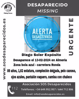 Cartel informando de la desactivación de la alerta de búsqueda del hombre de 89 años en Almería.