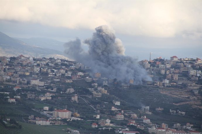 MAROUN AL-RAS, Feb. 10, 2024  -- Smoke rises following an Israeli airstrike in Maroun al-Ras, Lebanon, on Feb. 9, 2024. A Hezbollah fighter was killed, and three civilians were wounded on Friday in confrontations on the Lebanese-Israeli borders, Lebanes