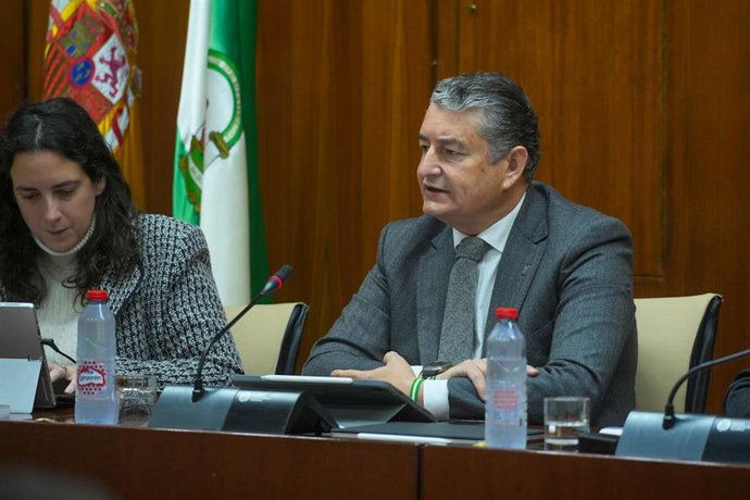 El consejero de la Presidencia, Interior, Diálogo Social y Simplificación Administrativa, Antonio Sanz, comparece en comisión parlamentaria.