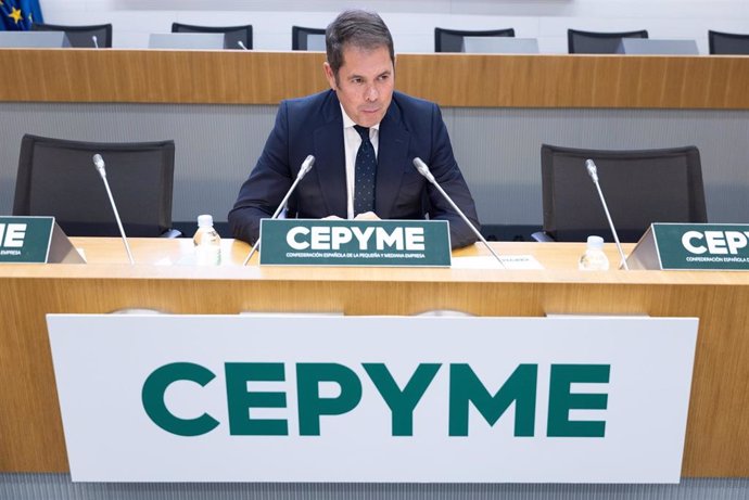 El presidente de Cepyme, Gerardo Cuerva, presenta el Boletín trimestral de empleo en las pymes, correspondiente al tercer trimestre de 2023, a 15 de febrero de 2024, en Madrid (España).