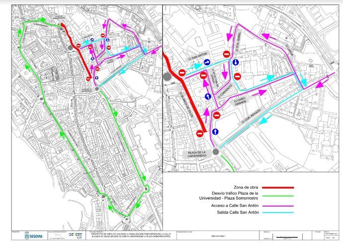 Desvíos de tráfico en la calle Blanca de Silos durante su transformación en bulevar.
