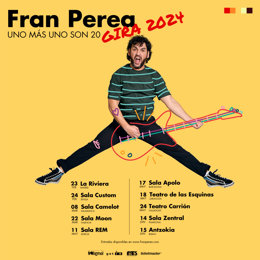 Cartell de la gira 2024 'Uno más uno son 20' de Fran Perea, que començarà el 23 de febrer en la madrilenya sala La Riviera.