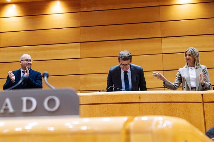 El presidente del Partido Popular, Alberto Núñez Feijóo (c), junto al portavoz del PP en el Congreso, Miguel Tellado (i) y la portavoz del PP en el Senado, Alicia García (d), durante la reunión de los grupos parlamentarios del PP del Congreso y del Sena