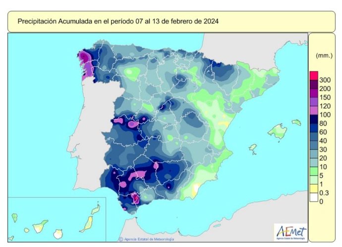 Precipitaciones acumuladas del 7 al 13 de febrero de 2024.