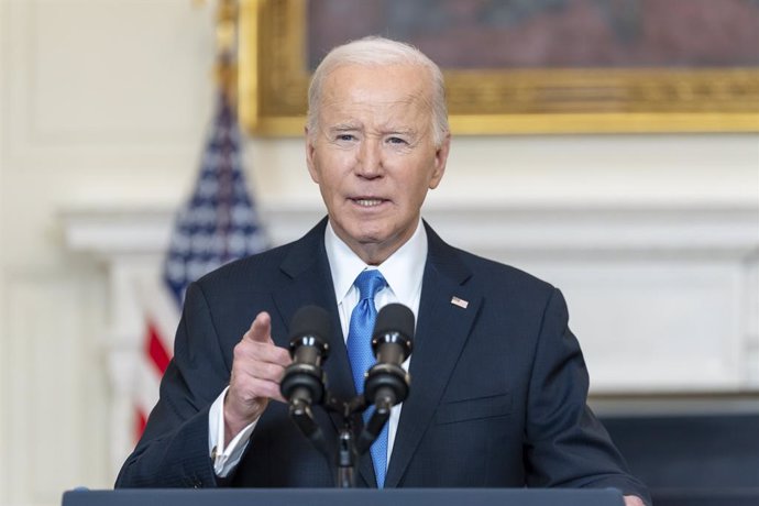 February 13, 2024, Washington, Dc, United States of America: U.S President Joe Biden delivers remarks on the passage  of the bipartisan supplemental agreement by the Senate, from the State Dining Room of the White House, February 13, 2024 in Washington, D