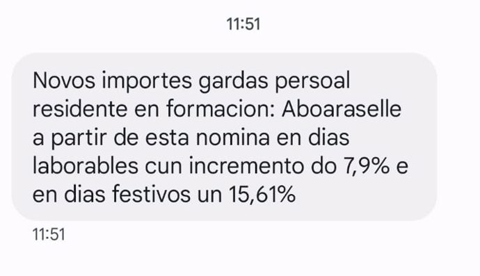 Mensaje recibido por profesionales del Sergas a dos días del 18F sobre subidas salariales.