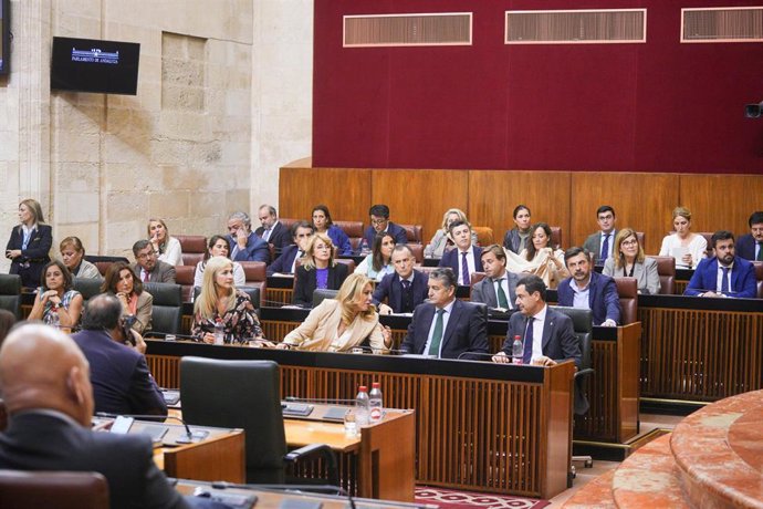 Archivo - Imagen de archivo de los escaños del Grupo Popular en el Parlamento de Andalucía, antecedidos por los bancos que ocupa el Gobierno. 