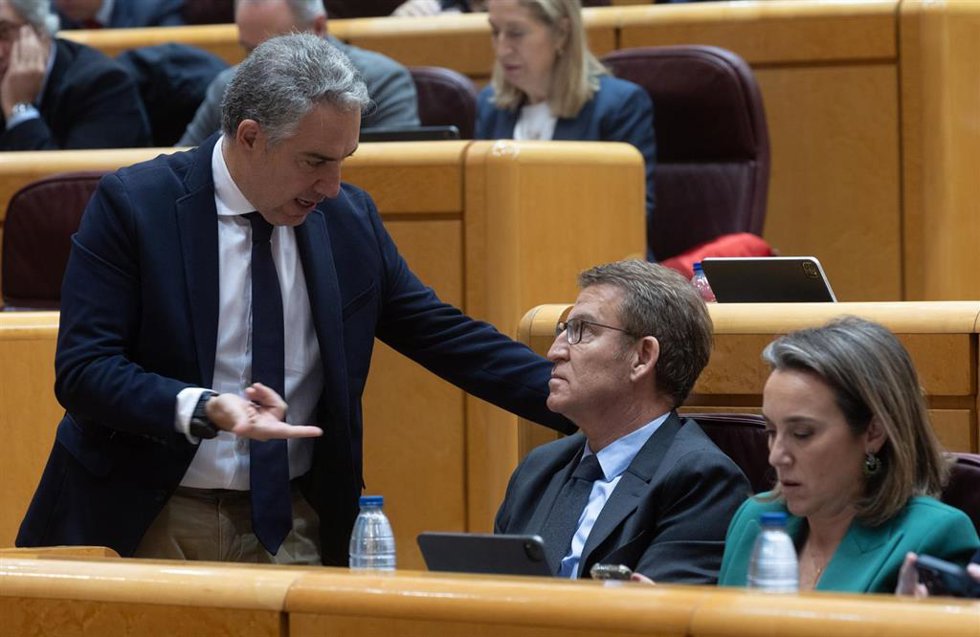El coordinador general del PP, Elías Bendodo (i), habla con el presidente del Partido Popular, Alberto Núñez Feijóo (d), durante la sesión extraordinaria del Congreso, en el Palacio del Senado, a 18 de enero de 2024, en Madrid (España). El Congreso de l