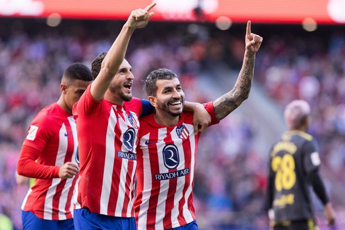 Angel Correa of Atletico de Madrid and Koke Resurreccion of Atletico de Madrid celebrate a goal during the Spanish League, LaLiga EA Sports, football match played between Atletico de Madrid and UD Las Palmas at Civitas stadium on February 17, 2024 in Madr
