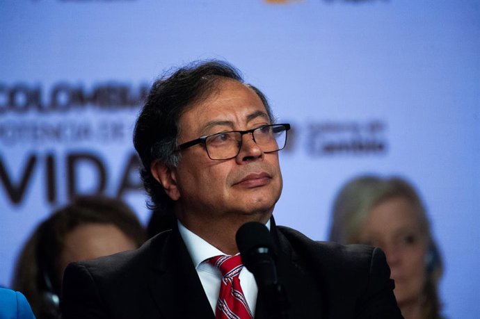 February 8, 2024, Bogota, Cundinamarca, Colombia: Colombian president Gustavo Petro speaks during a press conference, after a meeting with the United Nations Security Council regarding the advancements made on Colombia's 2016 peace process and the new o