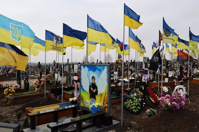 February 15, 2024, Zaporizhzhia, Ukraine: View of the graves of fallen soldiers of Ukrainian armed forces at the cemetery in Zaporizhzhia. In two years of war in Ukraine since the Russian invasion on February 24, 2022, tens of thousands of soldiers and ci