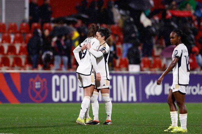 Ivana Andres and Signe Bruun of Real Madrid laments during the Spanish Women Cup, Copa de la Reina, football match played between Atletico de Madrid and Real Madrid at Centro Deportivo Wanda Alcala on February 08, 2024 in Alcala de Henares, Madrid, Spai