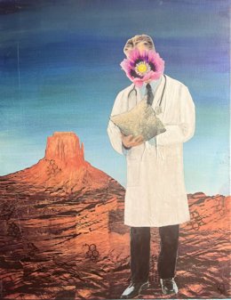 An Opiod Wasteland by Kathleen Radcliff - Senior Public Health Nurse Missouri - Department of Health and Senior Services Bureau of Immunizations - Description: This mixed-media collage represents my experience as a Clinical Risk Manager during the height 