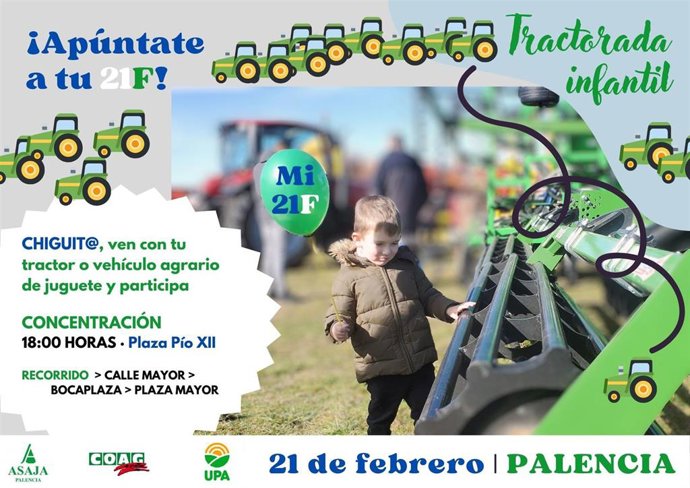 Cartel promocional de la trractorada infantil convocada en Palencia en la tarde del miércoles